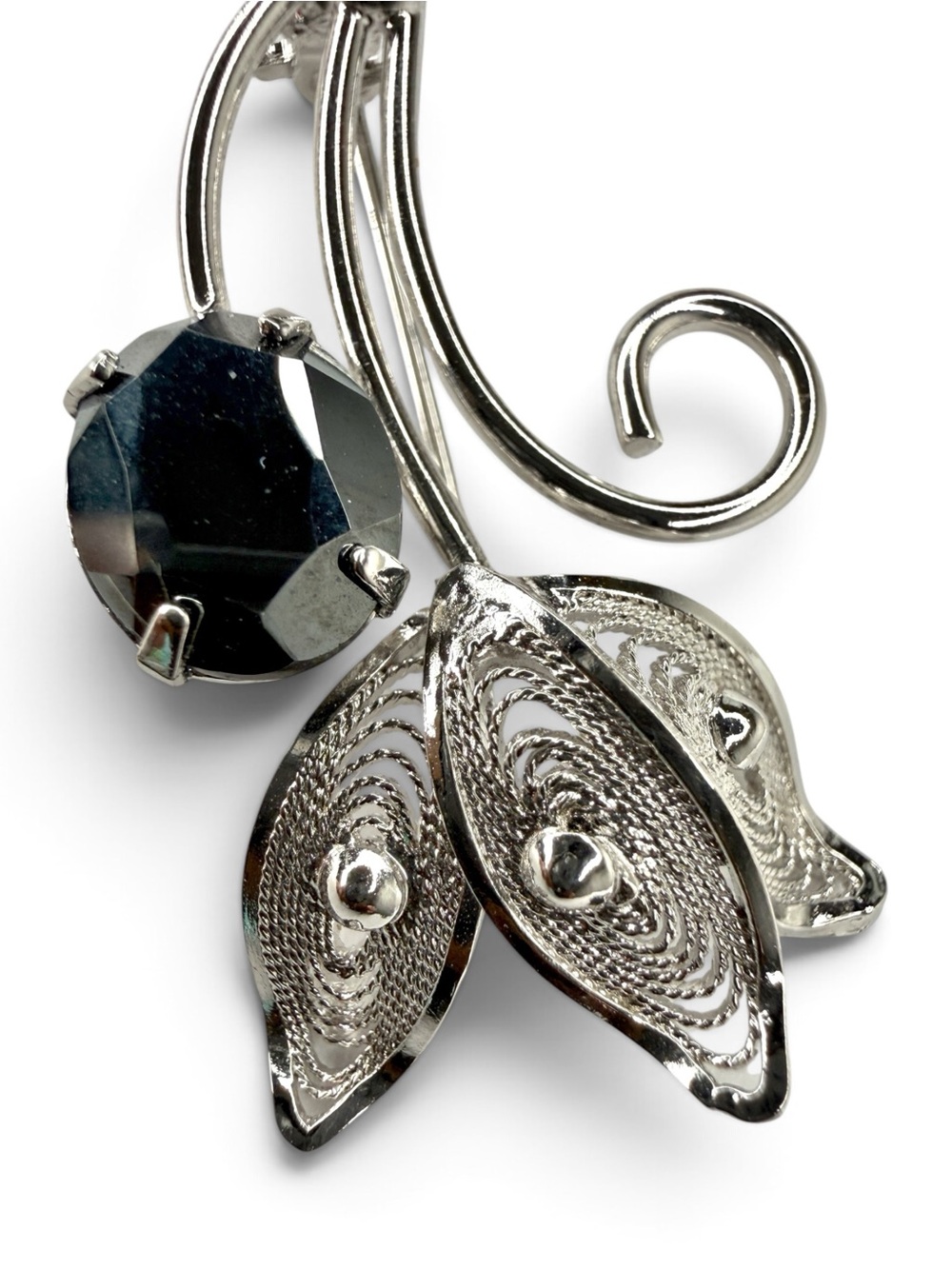 Vintage Sterling Silver Filigree Brooch With Czech Black Glass - Picture 6 of 13